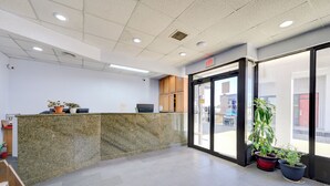 A reception area with a marble counter, wooden cabinets, and potted plants.