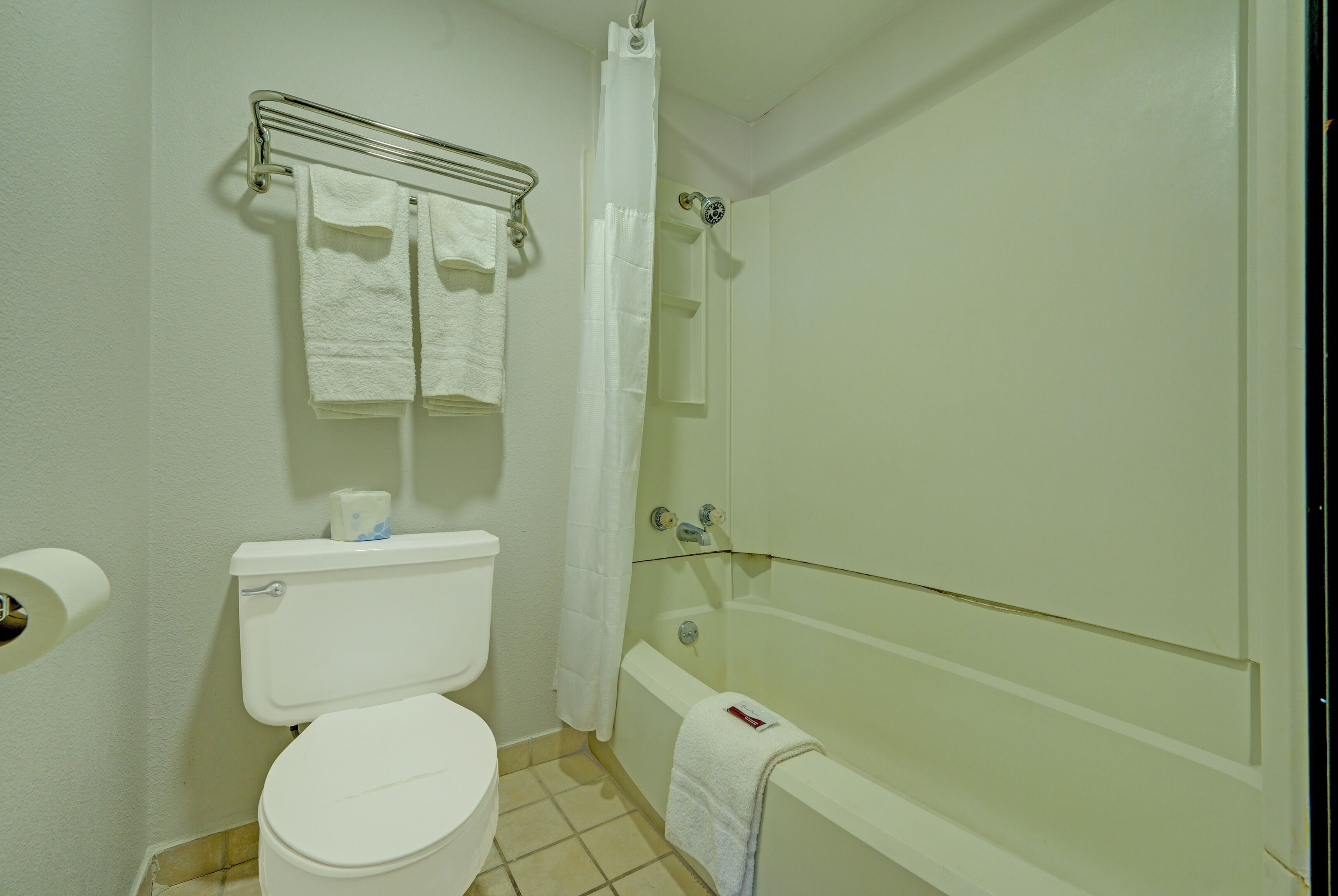 A bathroom with a toilet, a bathtub, and a shower curtain.