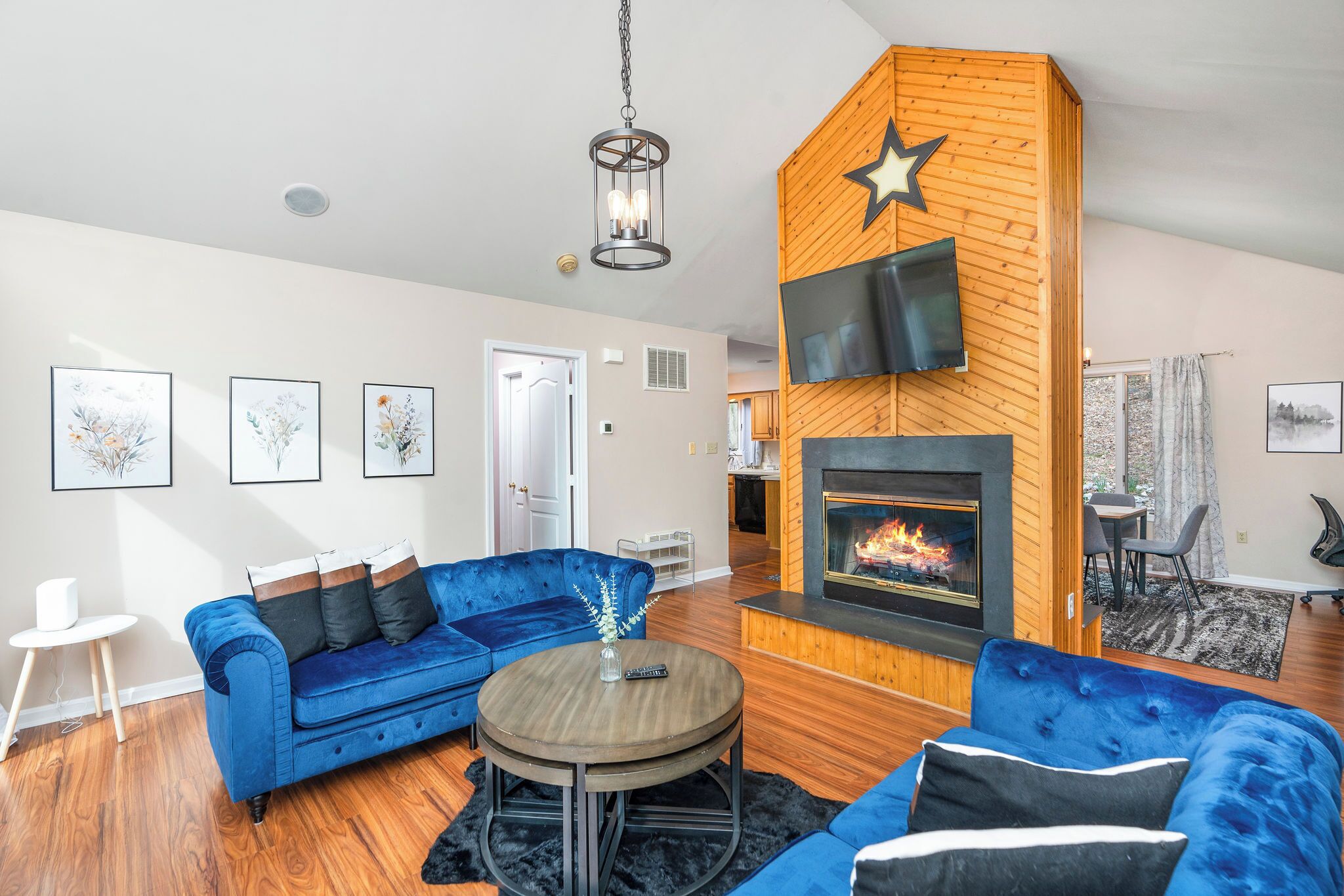 Smart-TV, Kamin, Videospiele, Bücher