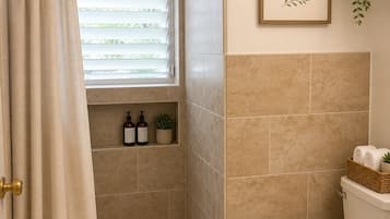 Hair dryer, towels, soap, shampoo