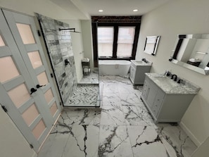 Hair dryer, towels, soap, toilet paper