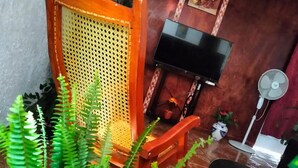A living room with a wooden chair, a television, a fan, and a potted plant. - Quiet and beautiful apartment (Orizaba)
