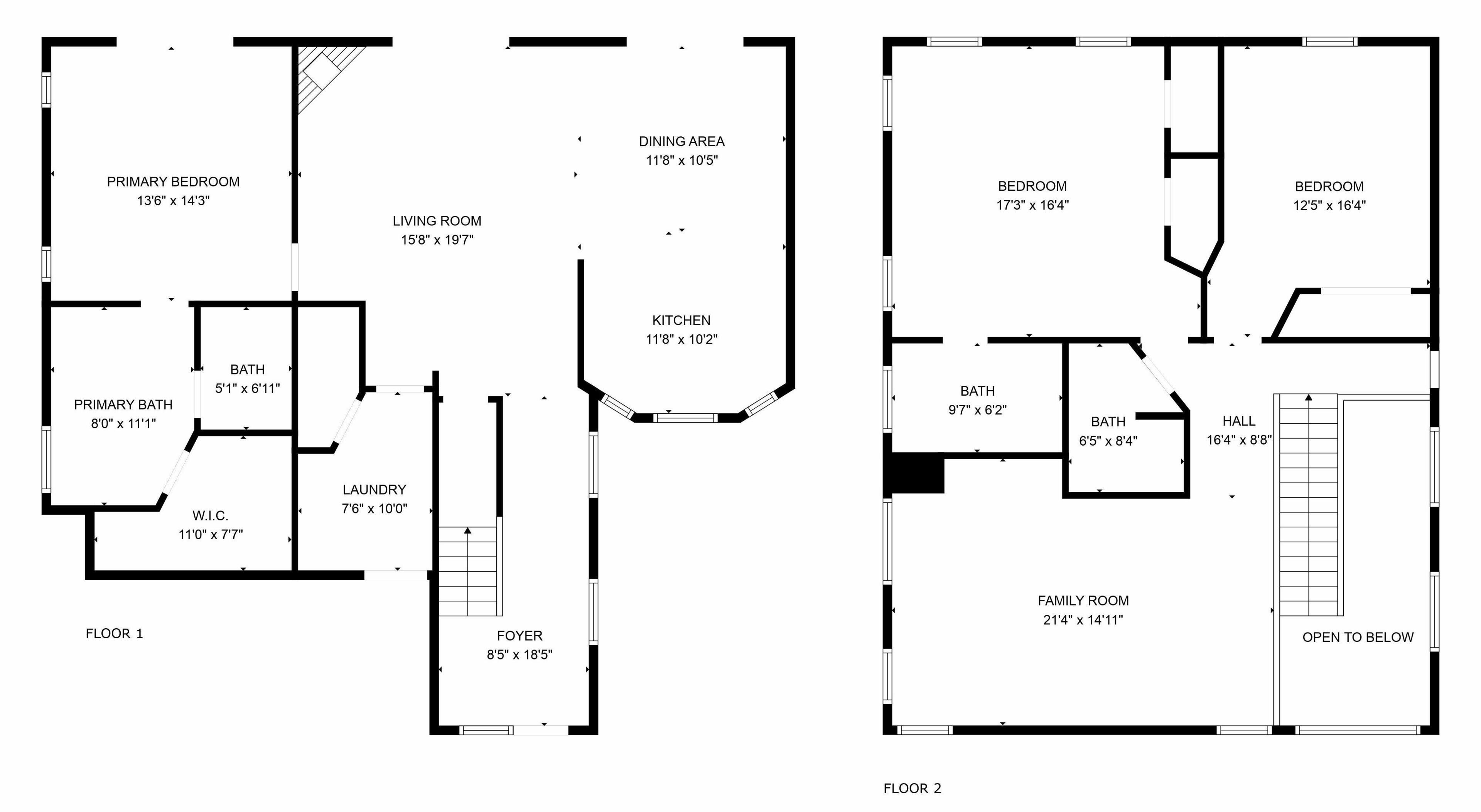 Plan d’étage d’un hôtel comprenant deux chambres, un coin repas, une cuisine, un salon, une salle familiale, un hall d’entrée, une salle de bain principale, une salle de bain secondaire et une buanderie.