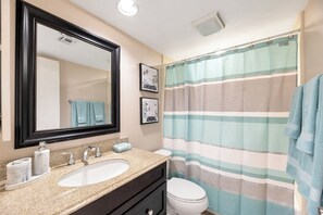 Hair dryer, towels, soap, toilet paper