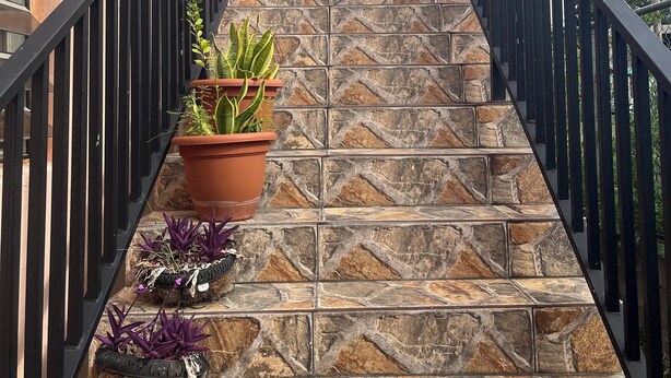 Un escalier avec des marches en pierre et des rampes noires, menant à un balcon agrémenté de plantes en pot.