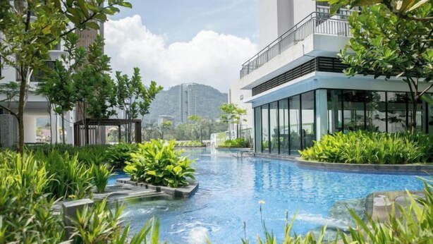 Un bâtiment moderne doté d’une piscine, le tout entouré d’une végétation luxuriante.
