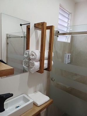 Shower, hair dryer, towels, soap