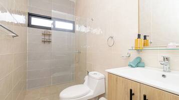 Shower, hair dryer, towels, soap