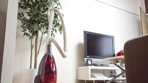A room with a vacuum cleaner, a television on a stand, and a potted plant.