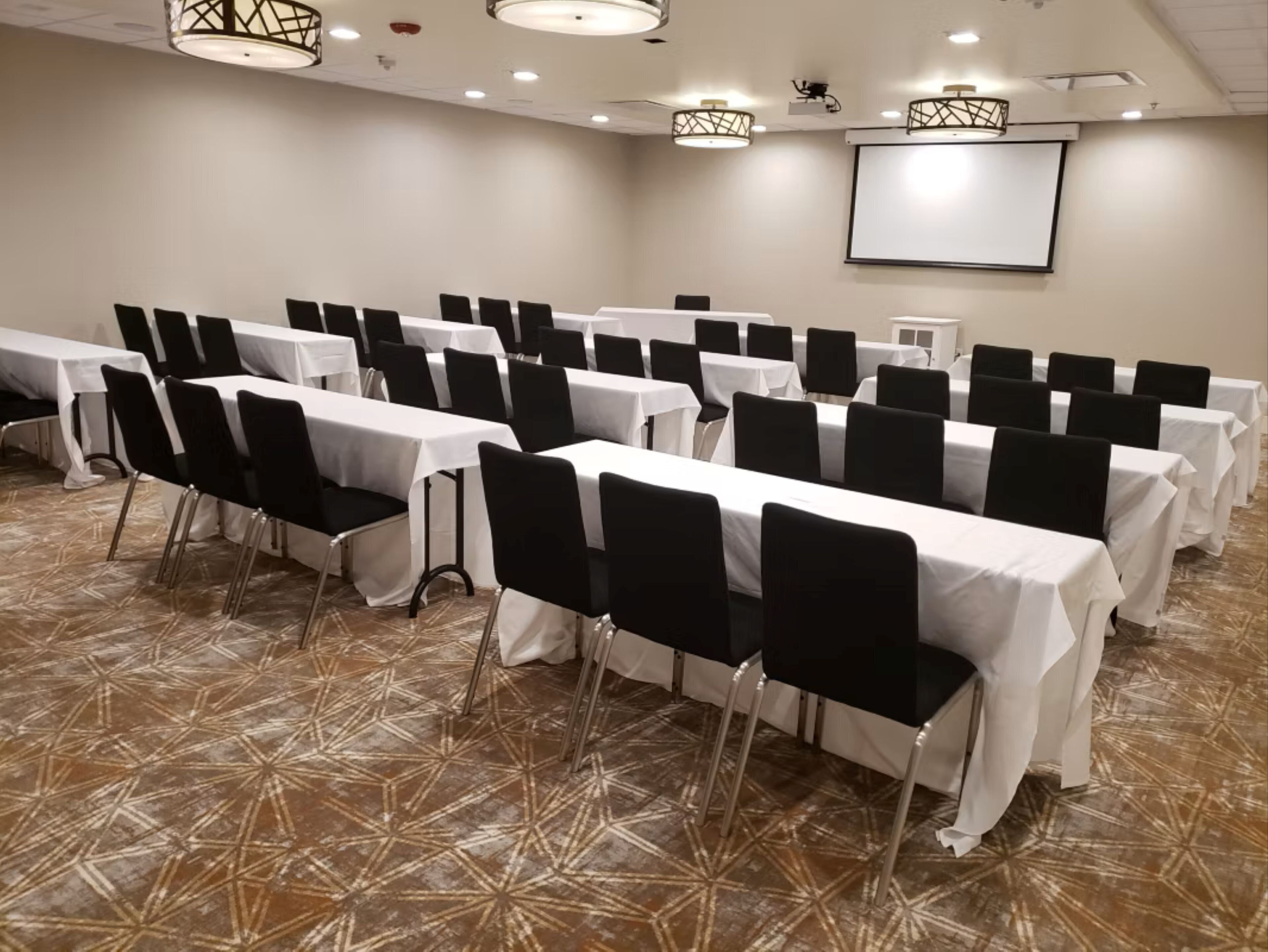 Un salón de conferencias con mesas y sillas dispuestas en filas, una pantalla de proyector y una alfombra estampada.
