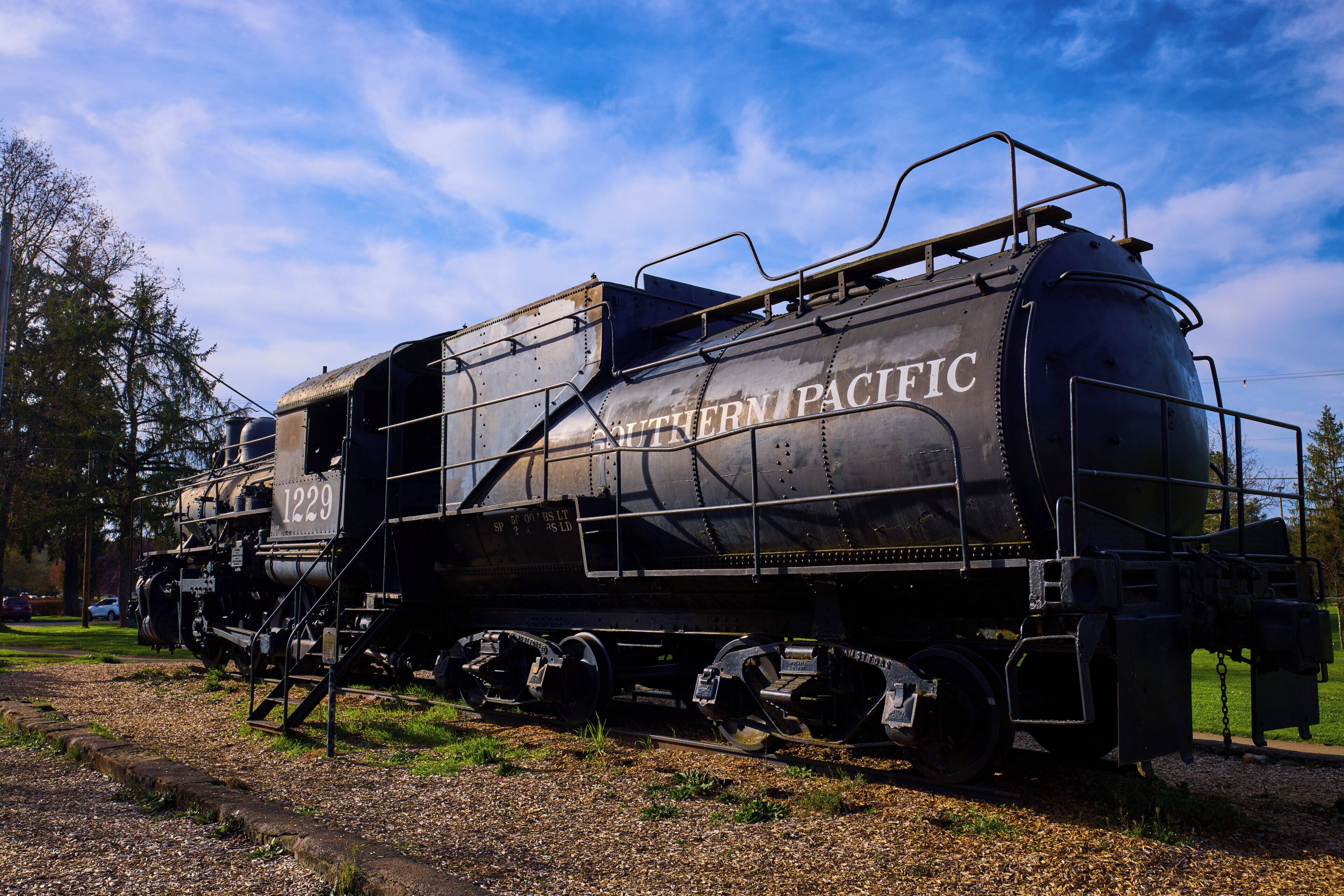 A stationary steam locomotive with 'Southern Pacific' written on its side, positioned on tracks with a grassy area and trees in the background.