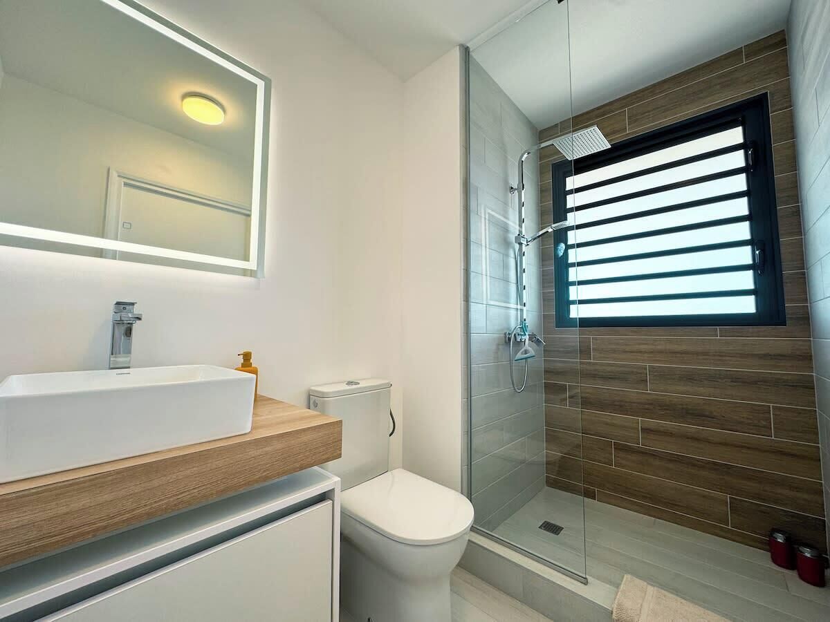 Shower, hair dryer, towels