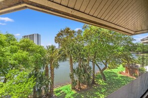 Une vue depuis une fenêtre donnant sur un jardin luxuriant, avec des palmiers et une étendue d’eau, et un bâtiment en arrière-plan.