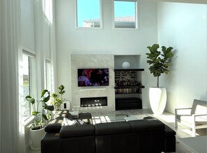 Smart TV, fireplace, books, stereo