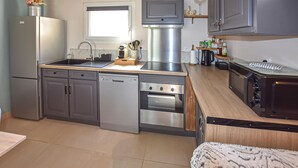 Eine moderne Küche mit Edelstahlgeräten, Geschirrspüler, Backofen und Mikrowelle.