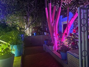 A garden area with potted plants and a gated entrance. - Peaceful Villa Retreat Near the Sea and City Center (Tanger)