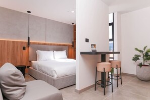 1 bedroom, desk, iron/ironing board, travel cot