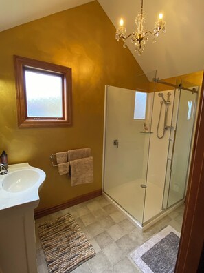 Shower, hair dryer, towels, soap