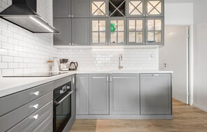 Fridge, stovetop, dishwasher, coffee/tea maker