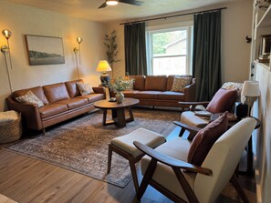 Smart TV, fireplace, books