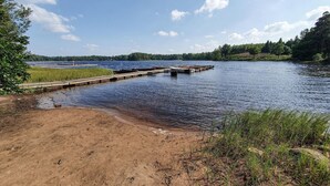 Een zandstrand met een houten steiger die uitsteekt in een kalm meer, omringd door bomen en grasvelden.