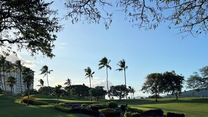 A golf course with a water body, palm trees, and a building in the background.