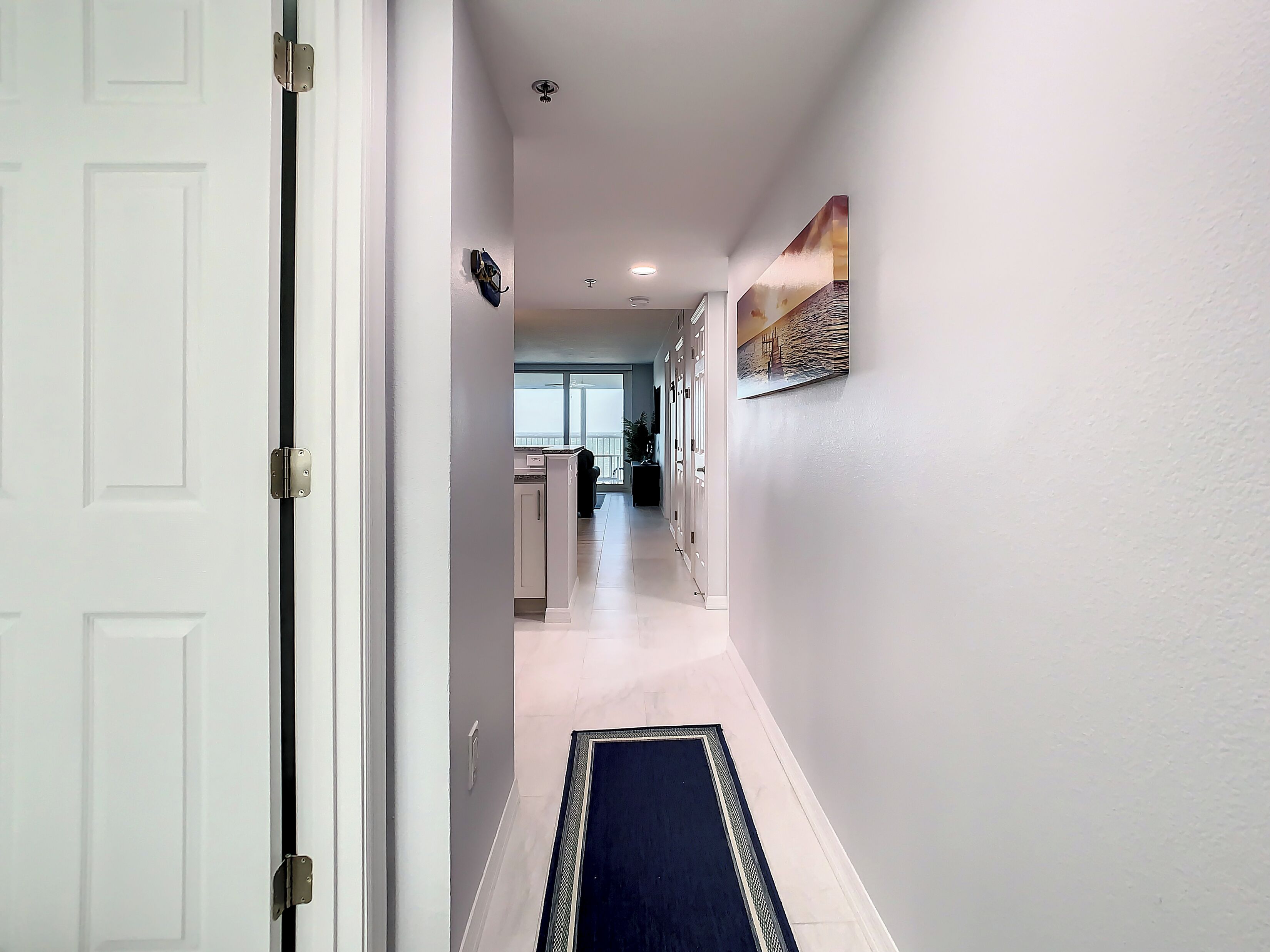 Um corredor com uma porta branca, um tapete azul escuro, um quadro na parede e vista para uma varanda com guarda-corpo.