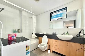 Shower, hair dryer, bidet, soap