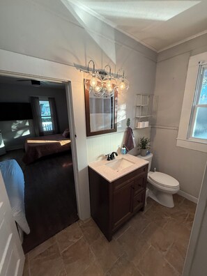 Hair dryer, towels, soap, toilet paper