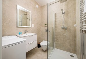 Shower, hair dryer, towels
