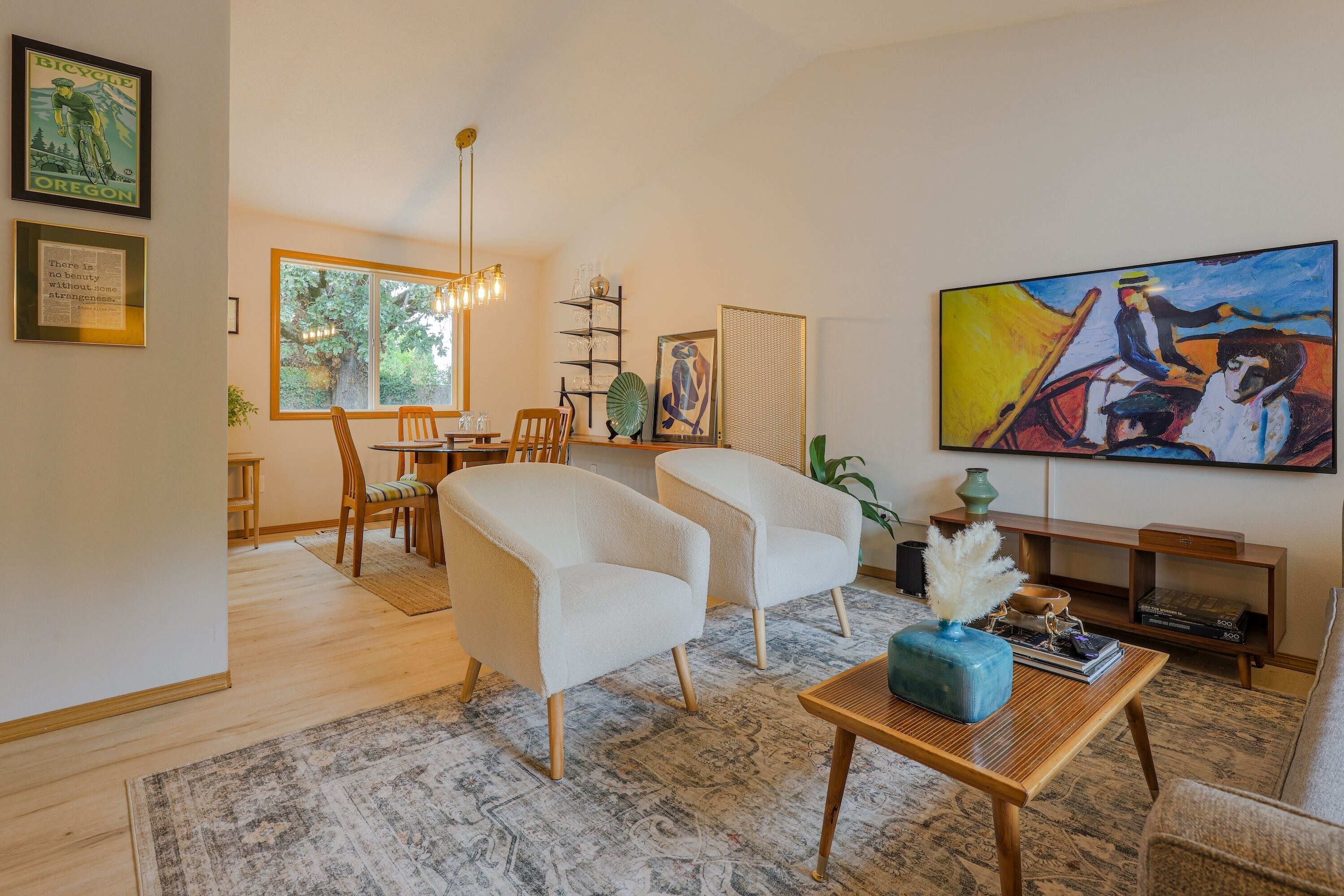 Smart TV, fireplace, books