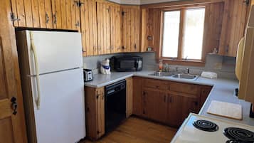 Een magnetron, een oven, een kookplaat, een vaatwasser