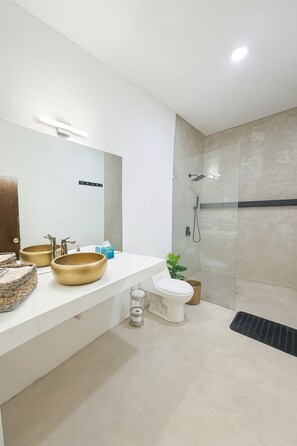 Regadera, tina de hidromasaje, secadora de cabello, toallas 