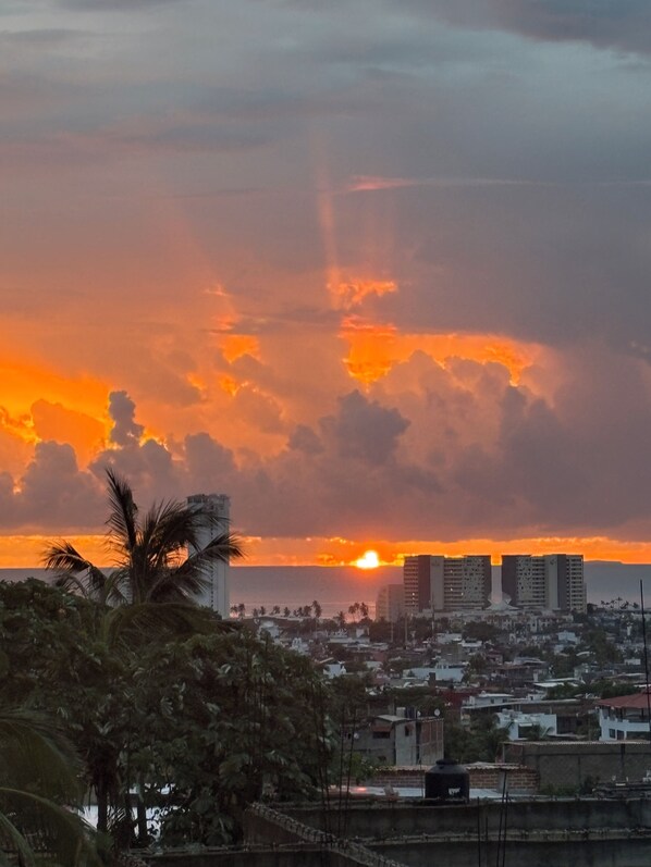 Un atardecer sobre un paisaje urbano con edificios y palmeras.