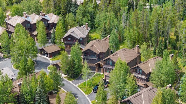 A cluster of log cabin-style homes surrounded by dense forest, with a winding road and parked cars.