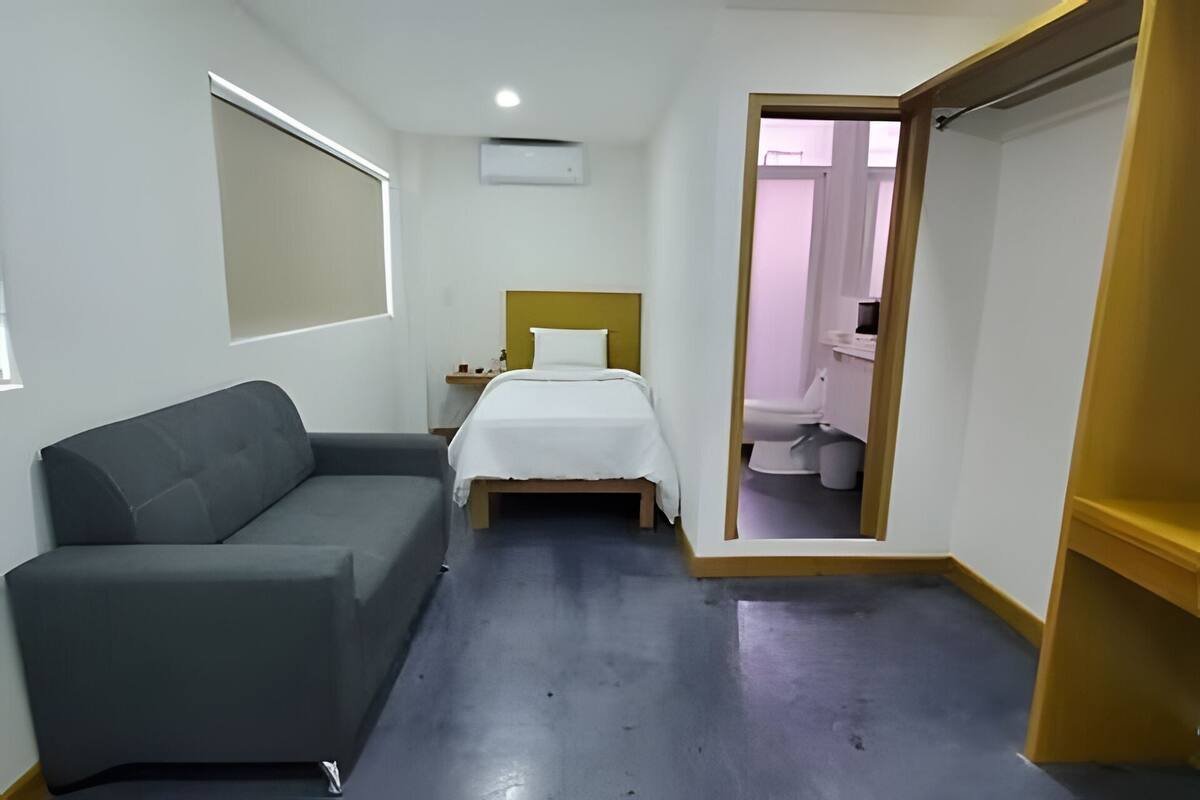 Una habitación pequeña y moderna con un sofá gris, una cama con cabecera de madera y un baño visible a través de una puerta abierta.