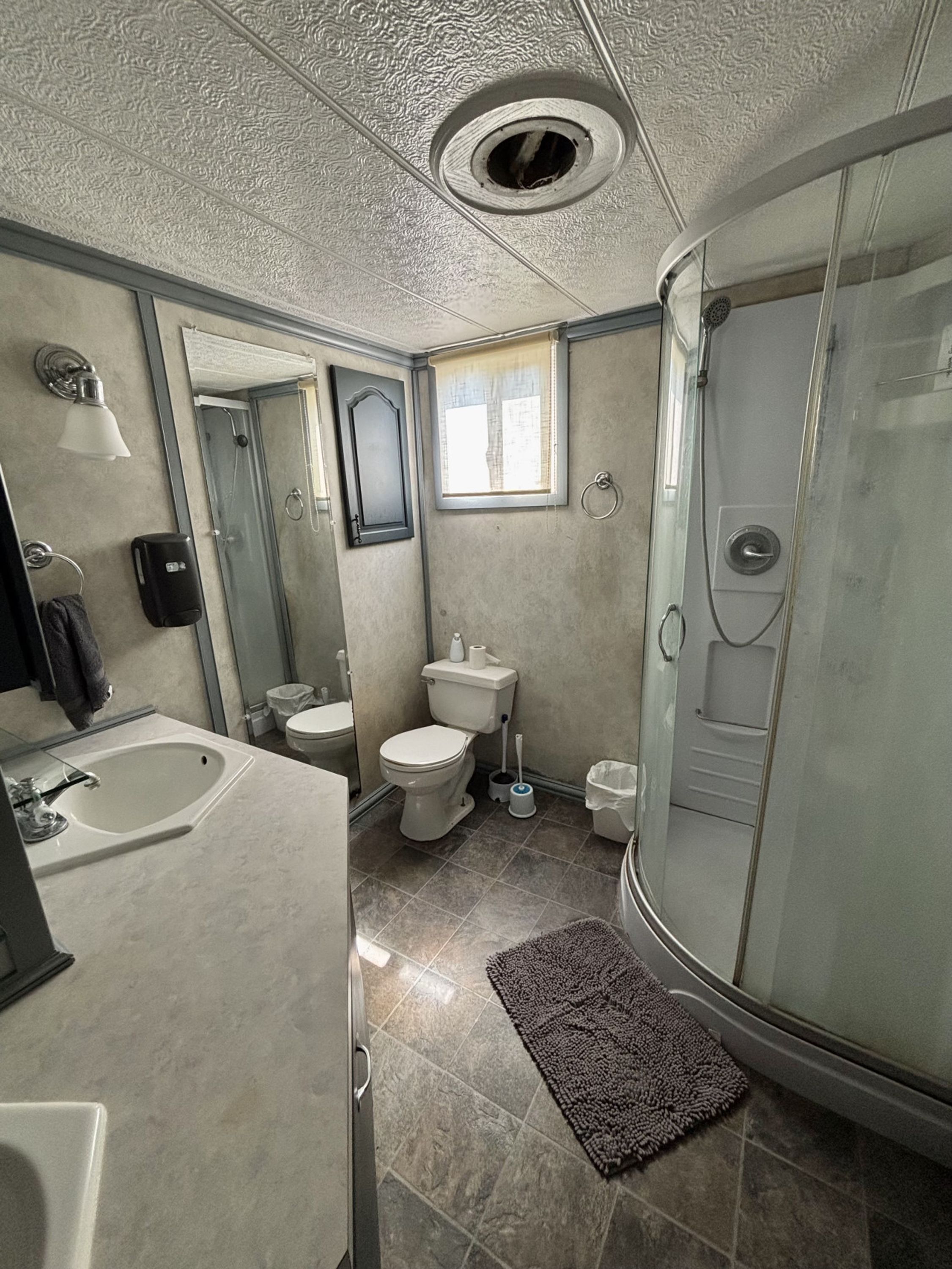 A bathroom with a shower, toilet, sink, and mirror.