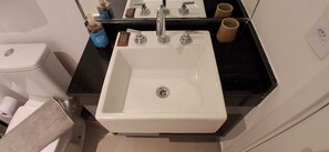 Hair dryer, towels, soap, toilet paper