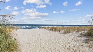 Ein sandiger Küstenpfad führt zum Meer, gesäumt von vereinzelter Vegetation.