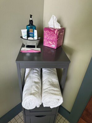 Shower, hair dryer, towels, soap