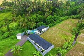 A modern building with a swimming pool, surrounded by lush greenery and rice paddies. - Villa Infinity Ubud by BaliSuperHost (Bali)