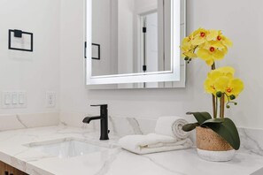 Shower, hair dryer, towels, shampoo