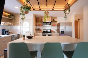 Une cuisine moderne dotée d’un îlot central, d’appareils électroménagers en acier inoxydable et de plantes suspendues.