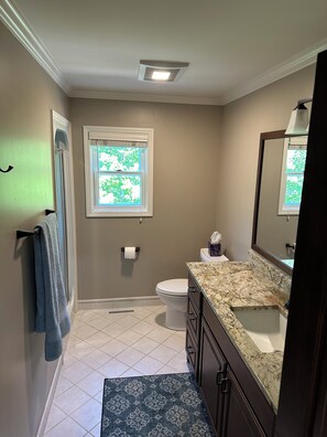 Sèche-cheveux, serviettes fournies, savon, papier toilette