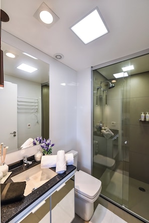 Hair dryer, bidet, towels, soap