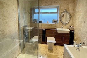 Shower, hair dryer, towels