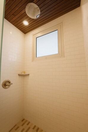 Douche, sèche-cheveux, serviettes fournies, savon