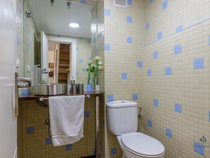 A bathroom with a toilet, sink, and mirror. There is a towel hanging on the wall and a vase with flowers on the sink counter. - El Escondite TriplexLiving4malaga (Málaga)