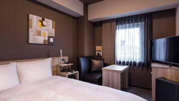 Desk, laptop workspace, blackout drapes, iron/ironing board