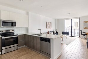 Fridge, microwave, oven, dishwasher